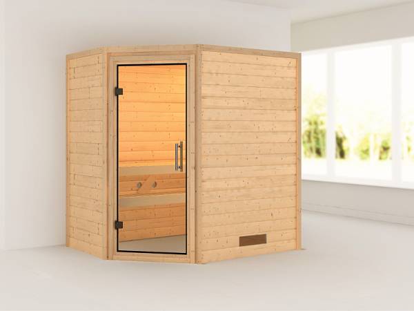 Karibu Massivholzsauna Svea 38 mm mit Klarglas Ganzglastür, ohne Dachkranz