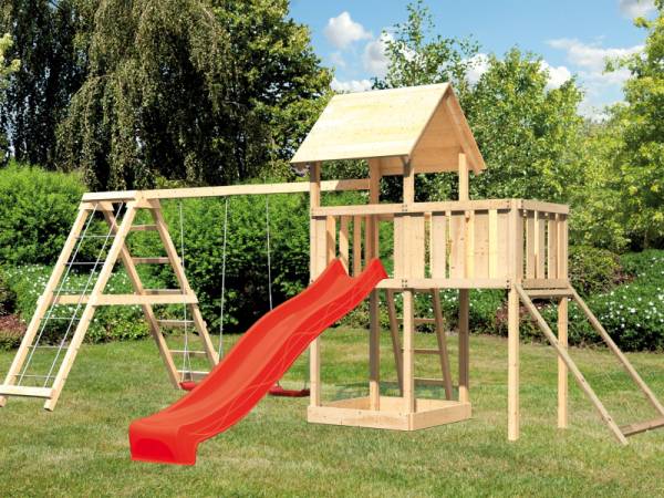 Karibu Spielturm Lotti Satteldach + Rutsche rot + Doppelschaukelanbau Klettergerüst + Anbauplattform + Netzrampe