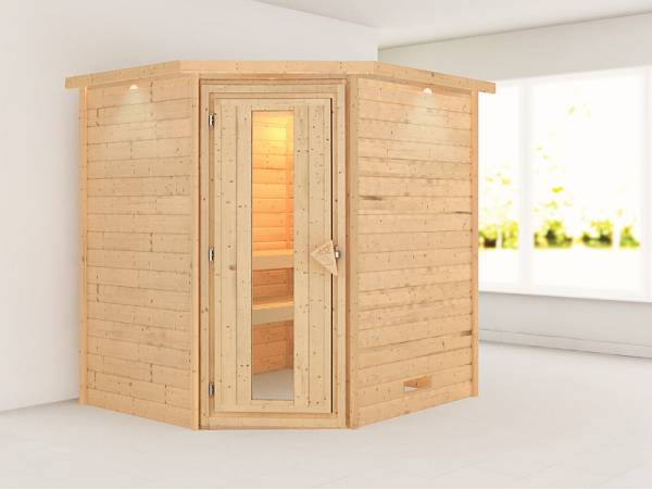 Karibu Sauna Mia 38 mm mit Dachkranz- ohne Ofen- energiesparende Saunatür