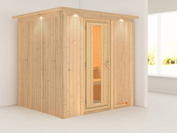 Daria - Karibu Sauna Plug & Play ohne Ofen - mit Dachkranz - Energiespartür