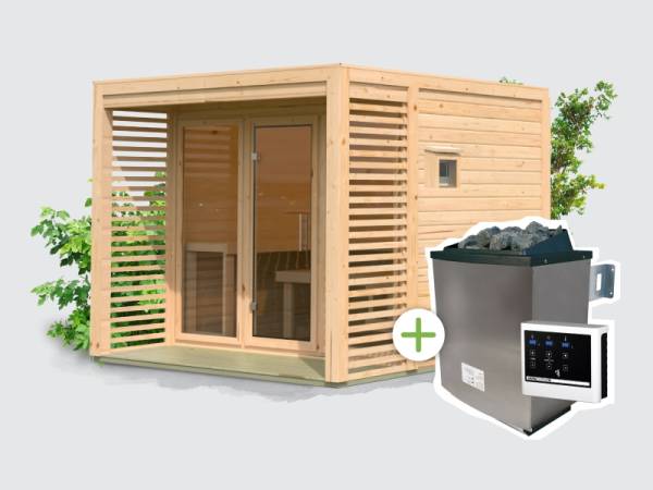 Osb smart choice Saunahaus Patio 3, 38 mm naturbelassen -inkl. 9 kW Ofen ext. Steuerung- inkl. Dacheindeckung und Fußboden
