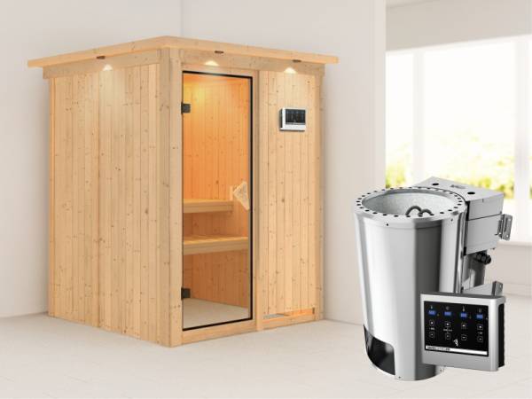 Minja - Karibu Sauna Plug & Play inkl. 3,6 kW-Bioofen - mit Dachkranz -