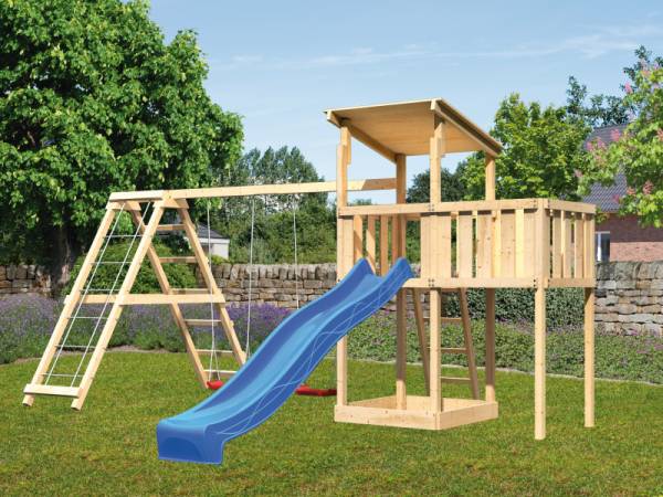 Karibu Spielturm Anna + Rutsche blau + Doppelschaukelanbau Klettergerüst + Anbauplattform Karibu Spielturm Anna + Rutsche blau + Doppelschaukelanbau Klettergerüst + Anbauplattform
