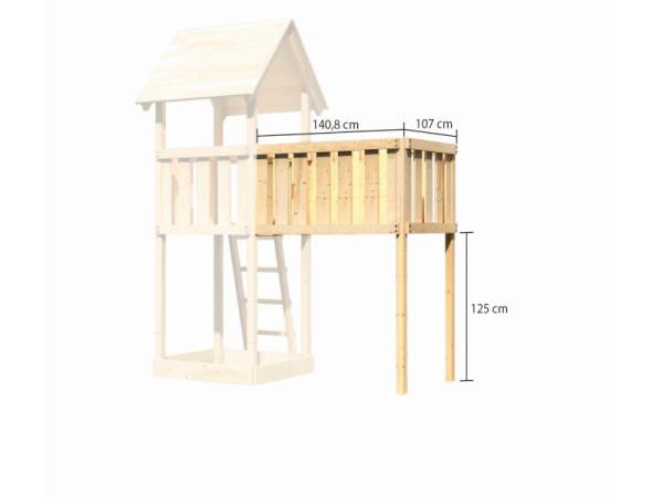 Akubi Spielturm Lotti Satteldach + Rutsche blau + Doppelschaukel Klettergerüst + Anbauplattform XL +
