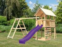 Akubi Spielturm Danny Satteldach + Rutsche violett + Doppelschaukelanbau Klettergerüst + Kletterwand