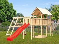 Akubi Spielturm Danny Satteldach + Rutsche rot + Doppelschaukelanbau Klettergerüst + Anbauplattform