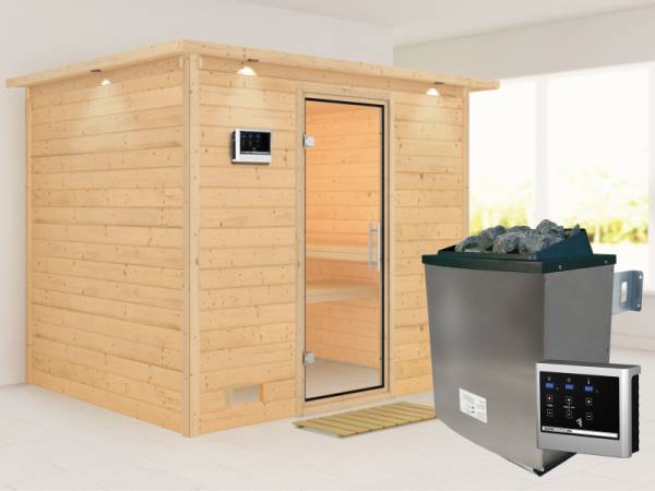 Karibu Sauna Sonara inkl. 9 kW Ofen mit ext. Steuerung, mit Dachkranz, mit Klarglas Ganzglastür