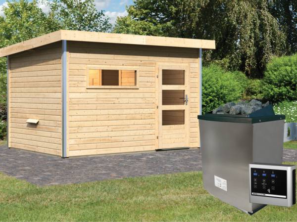 Karibu Saunahaus Skrollan 2 38 mm- 9 kW Ofen ext. Strg- moderne Tür