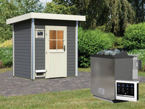 Karibu Saunahaus Jorgen, terragrau, inkl. 9kW Bioofen ext. Steuerung, mit klassischer Saunatür
