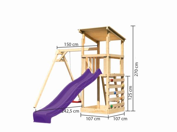 Akubi Spielturm Anna + Rutsche violett + Einzelschaukel + Kletterwand