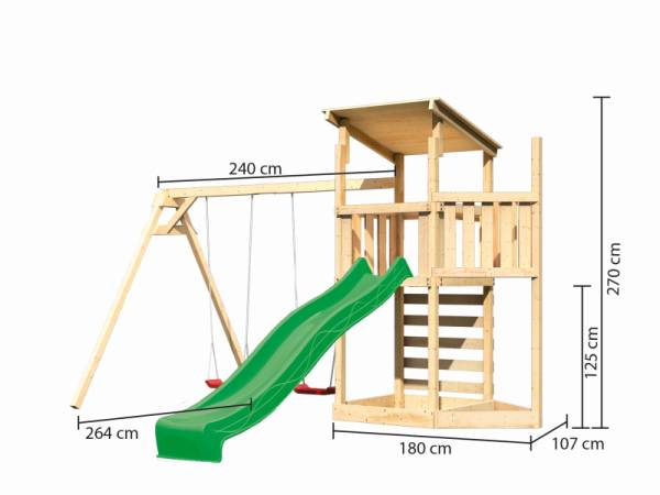 Akubi Spielturm Anna + Rutsche grün + Doppelschaukel + Kletterwand + Schiffsanbau oben