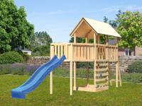 Akubi Spielturm Danny Satteldach + Rutsche blau + Anbauplattform XL + Kletterwand