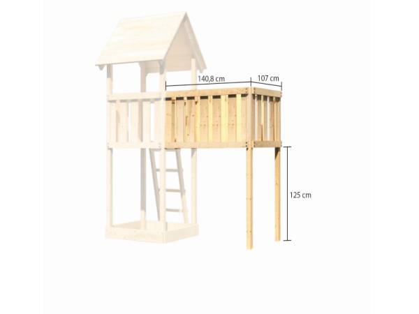 Akubi Spielturm Lotti Satteldach + Rutsche blau + Einzelschaukel + Anbauplattform XL + Netzrampe