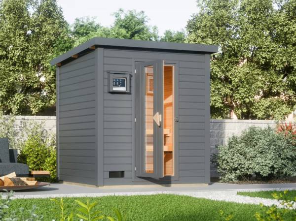Karibu Saunahaus Hytti 2  38 mm,terragrau - inkl. 9 kW Bioofen ext. Steuerung - mit Energiespartür und Fußboden