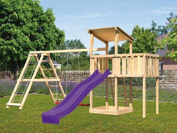 Akubi Spielturm Anna + Rutsche violett + Doppelschaukelanbau Klettergerüst + Anbauplattform