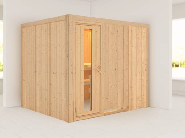 Karibu Sauna Gobin ohne Ofen, ohne Dachkranz, mit energiesparender Saunatür Karibu Sauna Gobin ohne Ofen, ohne Dachkranz, mit energiesparender Saunatür