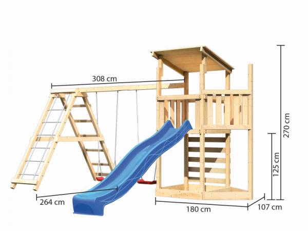 Akubi Spielturm Anna + Rutsche blau + Doppelschaukelanbau Klettergerüst + Kletterwand + Schiffsanbau