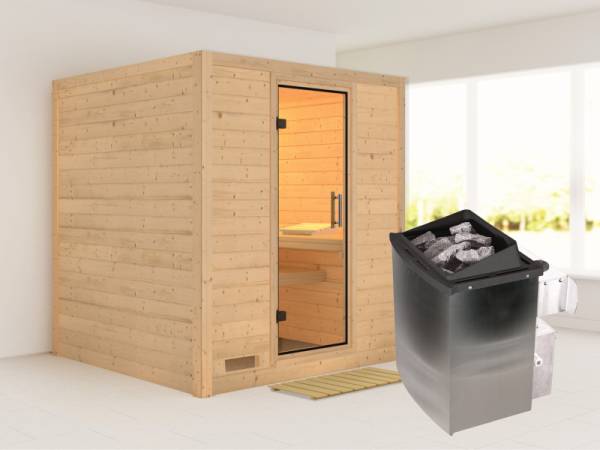 Karibu Sauna Mojave inkl. 9 kW Ofen mit int. Steuerung, ohne Dachkranz, mit Klarglas Ganzglastür