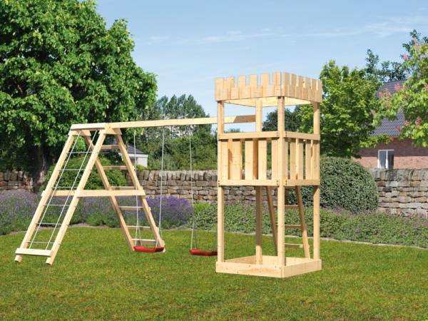 Karibu Ritterburg Löwenherz + Doppelschaukelanbau Klettergerüst