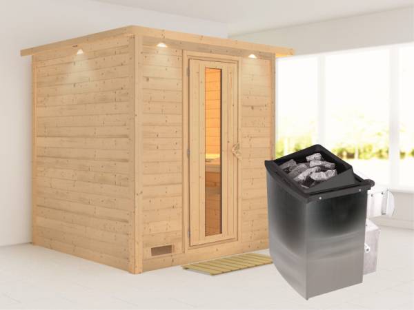 Karibu Sauna Mojave inkl. 9-kW-Ofen mit interner Steuerung, mit Dachkranz, mit energiesparender Saunatür