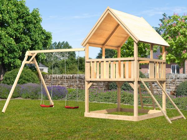 Karibu Spielturm Luis Satteldach + Doppelschaukel + Netzrampe