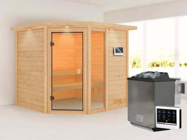 Karibu Sauna Tabea mit 9 kW Bioofen ext. Strg und Dachkranz 38 mm Karibu Sauna Tabea mit 9 kW Bioofen ext. Strg und Dachkranz 38 mm