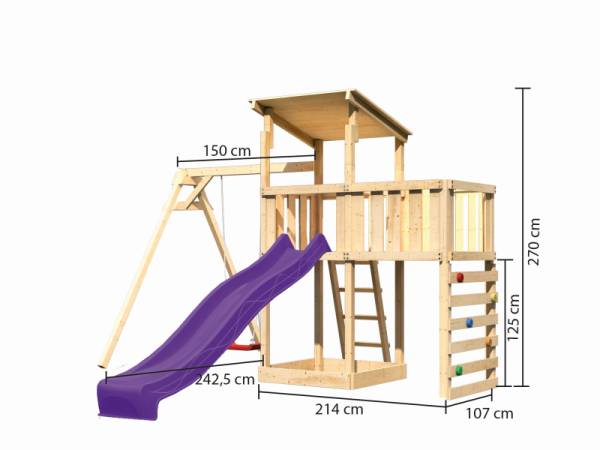 Akubi Spielturm Anna + Rutsche violett + Einzelschaukel + Anbauplattform + Kletterwand