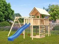 Akubi Spielturm Danny Satteldach + Rutsche blau + Doppelschaukel + Anbauplattform + Kletterwand