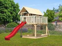 Akubi Stelzenhaus Fidel terragrau + Rutsche rot + Sandkasten