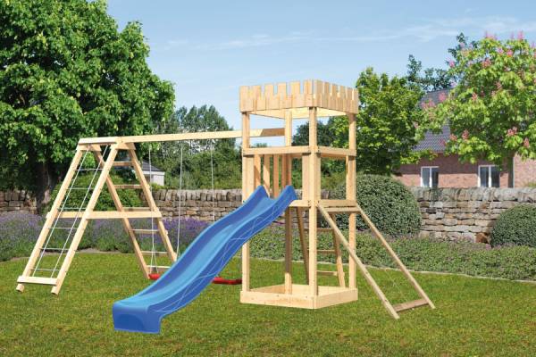 Karibu Ritterburg Löwenherz + Rutsche + Doppelschaukelanbau Klettergerüst + Netzrampe Karibu Ritterburg Löwenherz + Rutsche + Doppelschaukelanbau Klettergerüst + Netzrampe