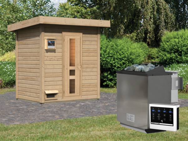 Karibu Saunahaus Hytti 1  38 mm - inkl. 9 kW Bioofen ext. Steuerung - mit Energiespartür und Fußboden