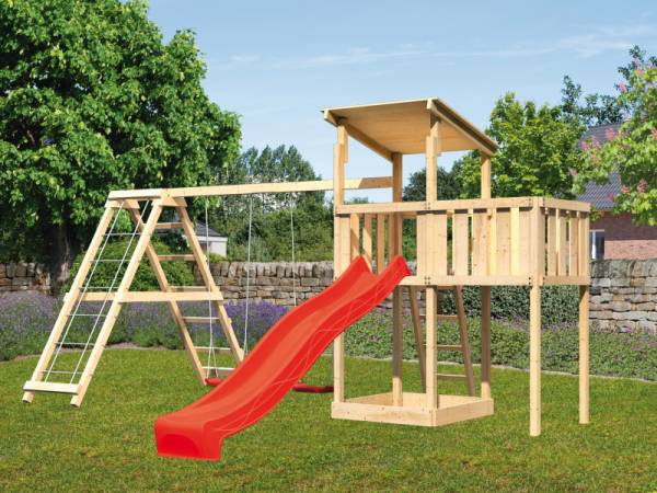 Karibu Spielturm Anna + Rutsche rot + Doppelschaukelanbau Klettergerüst + Anbauplattform Karibu Spielturm Anna + Rutsche rot + Doppelschaukelanbau Klettergerüst + Anbauplattform