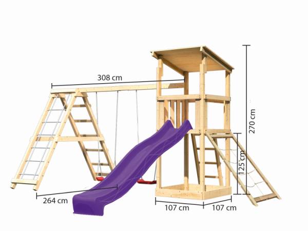 Akubi Spielturm Anna + Rutsche violett + Doppelschaukelanbau Klettergerüst + Netzrampe