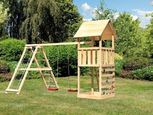 Karibu Spielturm Lotti mit Kletterwand und Doppelschaukel inkl. Klettergerüst Karibu Spielturm Lotti mit Kletterwand und Doppelschaukel inkl. Klettergerüst