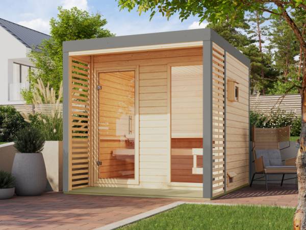Karibu Hybrid Saunahaus Ares 2, naturbelassen/graualuminium, inkl 9 kW Ofen ext. Steuerung