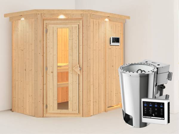 Karibu Energiesparsauna Caspin mit 3,6 kW Bioofen ext. Strg,  mit Dachkranz, mit energiesparender Saunatür
