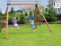 FUNGOO SWING FLY 2.0 (Schaukelgestell mit roter Schaukelsitz und grüner Schaukelsitz) / NADELHOLZ teak impr.