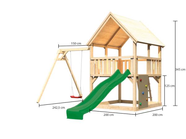 Akubi Spielturm Luis Satteldach + Rutsche grün + Einzelschaukel + Kletterwand