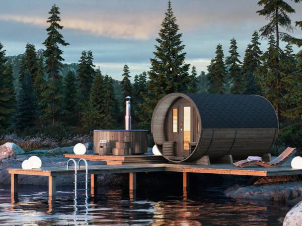 Wolff Finnhaus Saunafass 400 de luxe montiert DS schwarz Anstrich Hellgrau Wolff Finnhaus Saunafass 400 de luxe montiert DS schwarz Anstrich Hellgrau