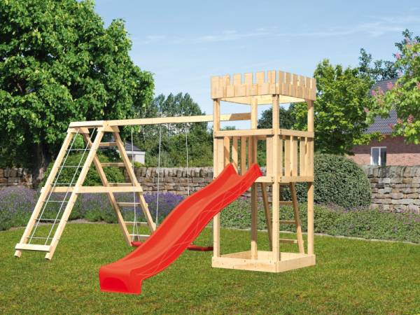 Karibu Ritterburg Löwenherz + Rutsche rot + Doppelschaukelanbau Klettergerüst Karibu Ritterburg Löwenherz + Rutsche rot + Doppelschaukelanbau Klettergerüst