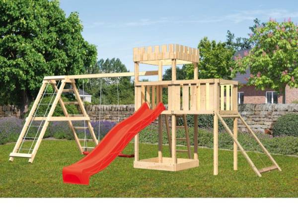 Karibu Ritterburg Löwenherz + Rutsche + Doppelschaukelanbau Klettergerüst + Anbauplattform + Netzrampe