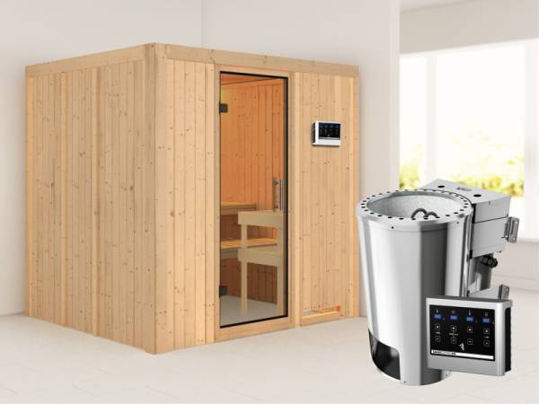 Daria - Karibu Sauna Plug & Play 3,6 kW Bio Ofen, ext. Steuerung - ohne Dachkranz - Klarglas Ganzglastür