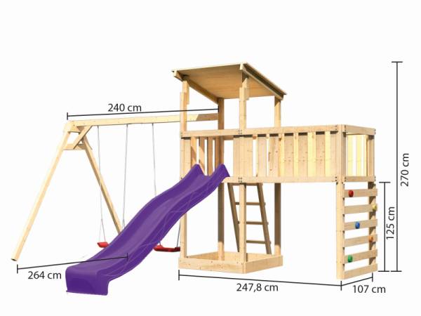 Akubi Spielturm Anna + Rutsche violett + Doppelschaukel + Anbauplattform XL + Kletterwand