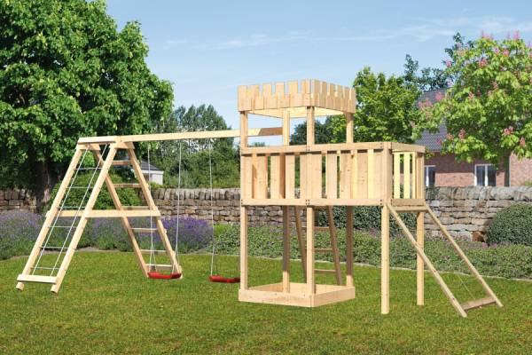 Karibu Ritterburg Löwenherz + Doppelschaukelanbau Klettergerüst + Anbauplattform + Netzrampe Karibu Ritterburg Löwenherz + Doppelschaukelanbau Klettergerüst + Anbauplattform + Netzrampe