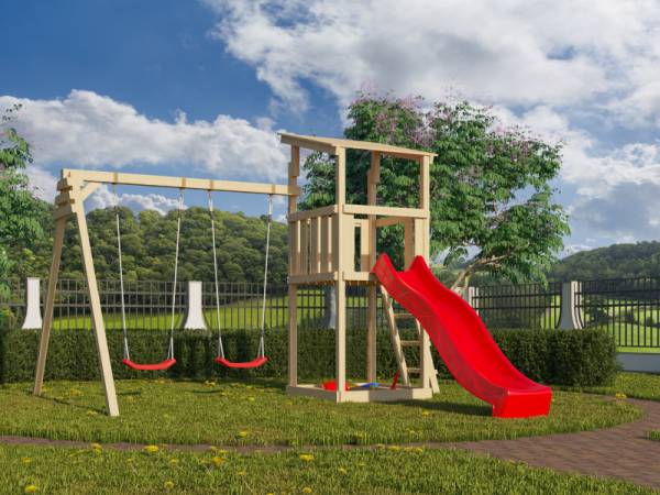 Karibu Spielturm Anna + Rutsche rot + Doppelschaukel Karibu Spielturm Anna + Rutsche rot + Doppelschaukel