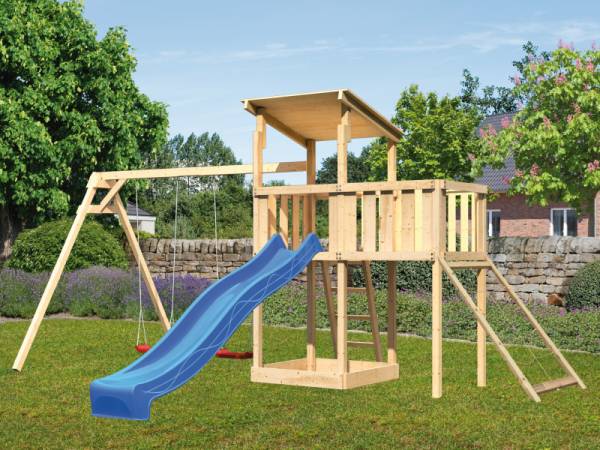 Karibu Spielturm Anna + Rutsche blau + Doppelschaukel + Anbauplattform + Netzrampe Karibu Spielturm Anna + Rutsche blau + Doppelschaukel + Anbauplattform + Netzrampe