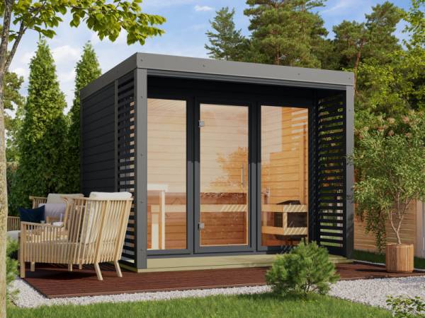 Karibu Hybrid Saunahaus Ares 3, anthrazit/graualuminium, inkl. 9 kW Bioofen ext. Steuerung