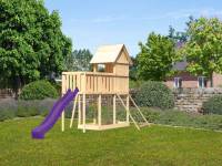 Akubi Stelzenhaus Frieda + Rutsche violett + Anbauplattform + Netzrampe