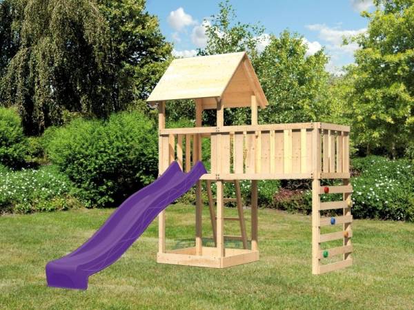 Akubi Spielturm Lotti natur mit Anbauplattform XL, Kletterwand und Rutsche violett