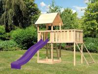Akubi Spielturm Lotti natur mit Anbauplattform XL, Netzrampe und Rutsche violett